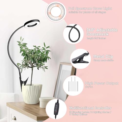 Grow Light,Full Spectrum Pot Clip LED Plant Growth Light with Auto On/Off Timer 3/9/12H,Plant Lamp with 360°Rotatable Gooseneck, 10 Dimmable Brightness, Ideal for Small Indoor Plants, 3 Pack - Image 3