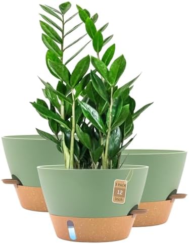 12 Inch Self Watering Pot with Visual Water Window, Drainage Holes & Watering Lip, Set of 3 Large Plastic Planters for Indoor Outdoor Plants, Modern Decorative Flower Pot (Green) by FIASON