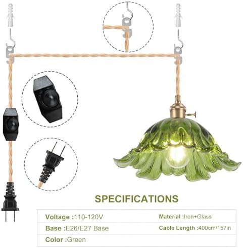Plug in Pendant Light Fixtures,Hanging Light Fixture Corded On/Off Switch,11 inch E26 Green Glass Lampshade Pendant Lighting for Kitchen Island, Bedroom, Dining Room - Image 2