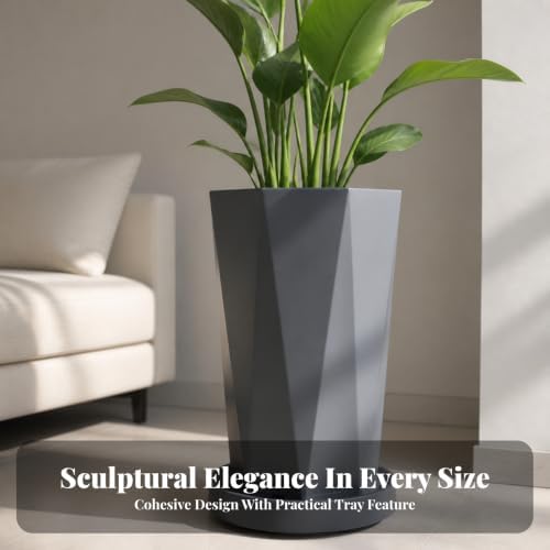Minimalist Octagonal Planter with Tray | Modern Matte Finish, Faceted Floor Pot with Tray, Decorative, Plant Holder, for Indoor Garden, White, L - Image 3