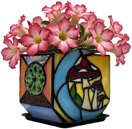 Stained Glass Moon Mushroom Planter, Indoor Decorative Plant Pot with Drainage, Mushroom gifts4.6x3x5.15 Inches by Entlityful