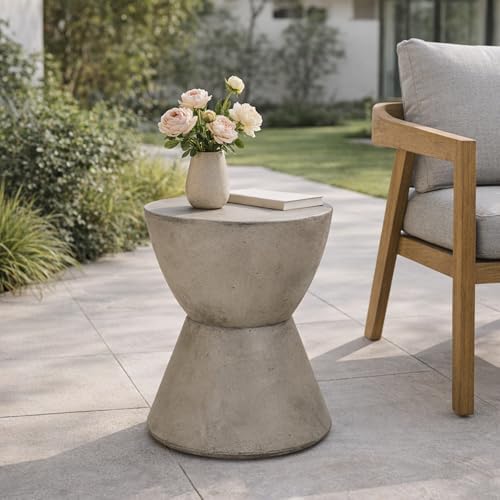 ø15.25'' Concrete Side Table End Table for Outdoor & Living Room, Modern Round Circle Hourglass Style, Durable and Lightweight, Cement Material, No Assembly, Light Gray - Image 3