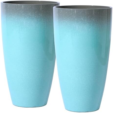 Planters for Outdoor Plants, Large Outdoor Plastic Grey to Azure Gradient Tall Flower Pots 2Pack, Patio Decor Unbreakable Resin, Lightweight Planter by SESUN-E