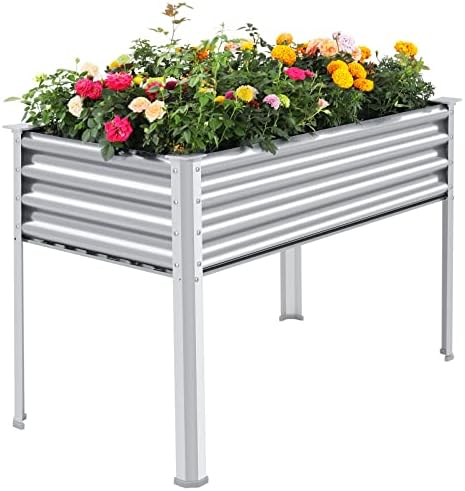 Land Guard Galvanized Raised Garden Bed with Legs, 48×24×32in Large Metal Elevated Raised Planter Box with Drainage Holes for Backyard, Patio, Balcony, 700lb Capacity by LandGuard
