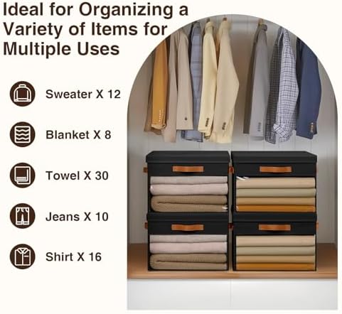 Homsorout Large Storage Bins with Lids - 4 Pack Foldable Decorative Organizers with Clear Windows & Handles, Cube Storage Organizers for Clothes, Blankets, Sweaters, Sheets, Black - Image 6
