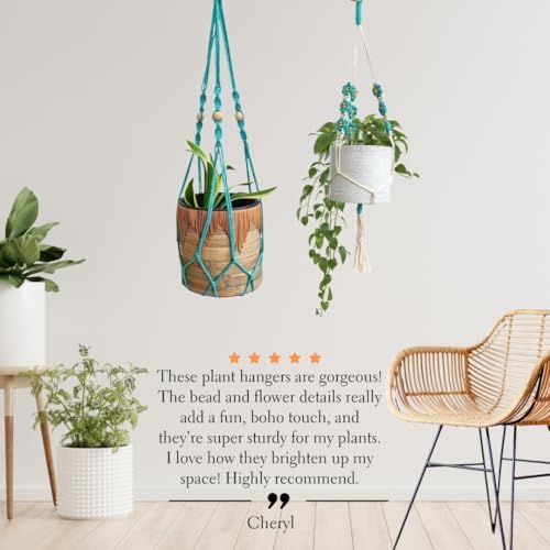 Set of 2 Macrame plant hanger with Daisies & Beads | Hanging plant holder Macrame Plant hangers outdoor and indoor hanging planters Plant stand indoor Boho Decor hanging planter stand (Ocean Teal) - Image 3