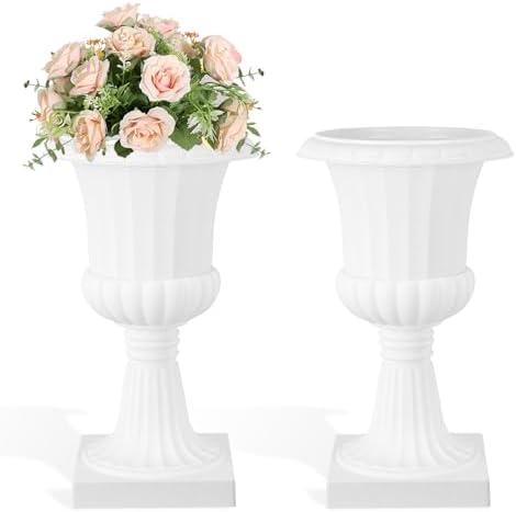 20″ Tall Outdoor Urn Planters, 2 Pack Plastic Pedestal Flower Pots for Outdoor Plants, Classic Round Planters, Large Front Porch Planter for Entryway, Garden, Deck, Indoor Outdoor Decor (White) by Emlovosy