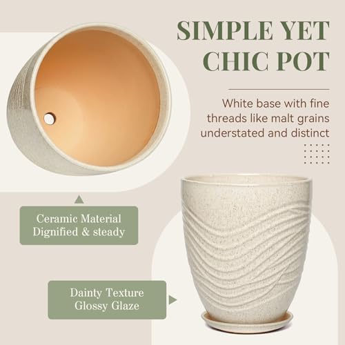 11.8 Inch Modern Ceramic Plant Pot with Saucer, Flower Pot with Drainage Hole Mesh Net,Indoor Outdoor Planter (Silk White) - Image 3