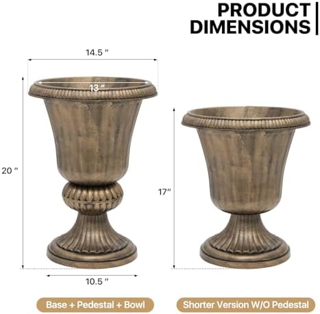 MoNiBloom 20-Inch Plastic Urn Planter Vase – Vintage Roman Flower Pot for Indoor & Outdoor Plants, Patio, Garden, Wedding Decor, Lightweight & Drainage Hole, Retro Home Porch Decor (Brass) - Image 2
