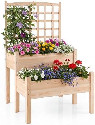 GIANTEX Raised Garden Bed with Trellis, 2-Tier Elevated Planter Box for Climbing Plants, Flowers, Vegetables, Herbs, Outdoor Wooden Vertical Garden Bed with Drainage Holes, for Patio Backyard Balcony by Giantex