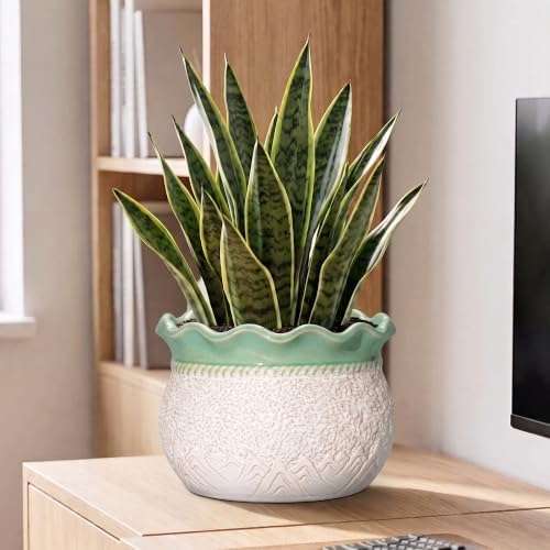 10 Inch Planter, Ceramic Indoor Plant Pots, White-Green - Image 5