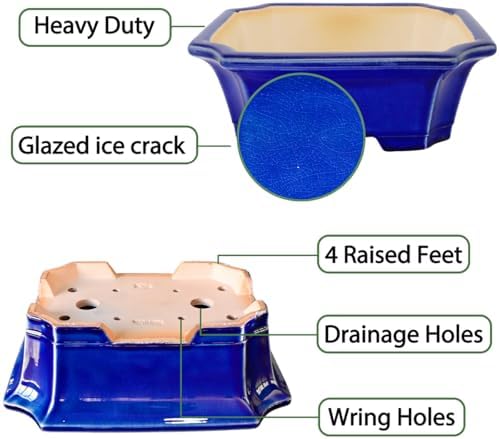 MUZHI 2pcs Green Ceramic Bonsai Planter Pots with Bamboo Tray 6.2 “ & 5.3”, Rectangular Glazed Bonsai & Succulent Cactus Starter Pot with Drainage Ice Crack Design (Crackle Glazed 10") - Image 3