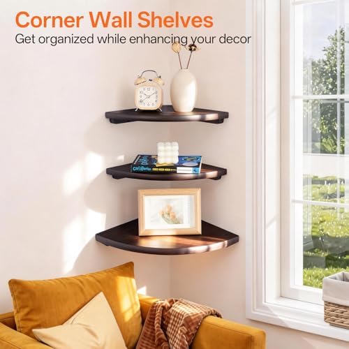 Floating Corner Shelves Set 2 16inch Walnut Solid Oak Rounded Corner Shelves Wall Mounted with Cable Hole Wood Corner Hanging Shelves for Living Room Bedroom Bathroom Kitchen - Image 4
