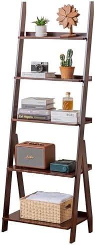 Maydear Bamboo Ladder Shelf Bookcase, 5-Tier Leaning Bookshelf Free Standing Organizer Storage Shelves for Living Room, Bedroom, Kitchen, Home Office, Balcony, Dark Walnut by Maydear
