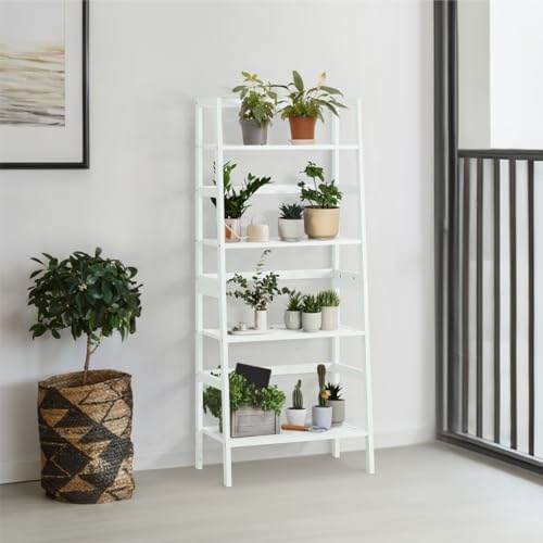 CAPHAUS Bookshelf, 5-Tier Ladder Shelf, Floor Bookcase with Bamboo Frame,Freestanding Storage Shelves Display Shelf, for Living Room,Home Office,Bedroom,Kitchen,Bathroom,Plant Stand,White by CAPHAUS