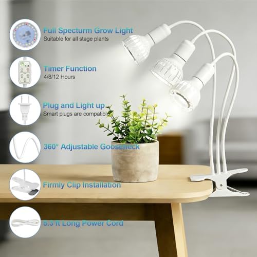LED Grow Light, Dual-Head 5000K White Full Spectrum Clip-on Gooseneck Plant Lamp for Indoor Desk Plants Growing with 4/8/12H Timer, Bulb Replacement & Smart Plug Compatible (36W Equivalent 240W) - Image 6