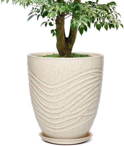 11.8 Inch Modern Ceramic Plant Pot with Saucer, Flower Pot with Drainage Hole Mesh Net,Indoor Outdoor Planter (Silk White) by Unknown