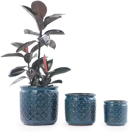 3 PCS Ceramic Planter, 9/12/15 Inch Cylinder Planter with Drainage Hole, Large Plant Pots - Navy Blue by Unknown