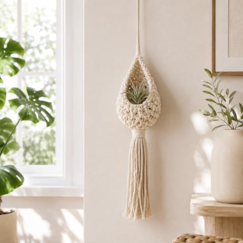 Hanging Air Plant Holder, Boho Woven Basket Wall Decor (Small) - Image 4