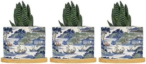 Asian Ceramic Planter Blue and Green Chinoiserie Planters for Indoor Plants with Drainage Holes and Saucers Pot for Outdoor Garden Home Plant by BRUYU5SE