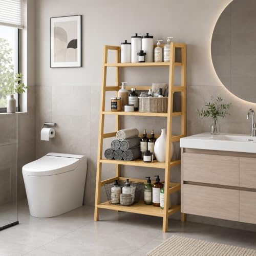 Bamboo Ladder Shelf, 4-Tier Wooden Ladder Bookshelf & Bookcase Organizer - Image 4