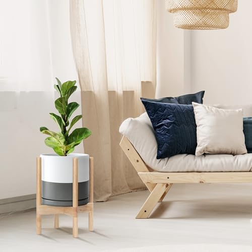 D'vine Dev Ceramic Pot with Natural Wood Stand, White/Grey, 10 in, 55-B-K-6 - Image 2