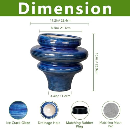 Ceramic Pots for Plants - 11 Inch Ceramic Planter with Drainage Hole, Unique Planters for Indoor Outdoor, Large Decorative Flower Pot, Home Office Room Decor, Gifts for Plants Lover, Blue - Image 2
