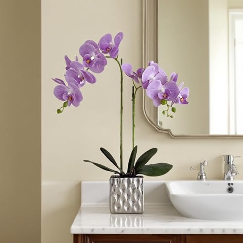 LISU Artificial Orchids, Silver Vases, Home Decoration Flower Arrangements,Purple Orchids Fake Flowers in Vases. - Image 2