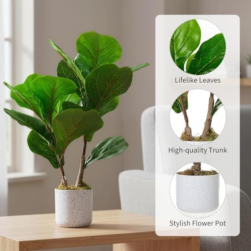2 Pack Realistic Artificial Fiddle Leaf Fig Trees in Marble-Look Pots – Faux Green Potted Plants for Indoor Home & Office, Cement Moss Base, 40cm - Image 3
