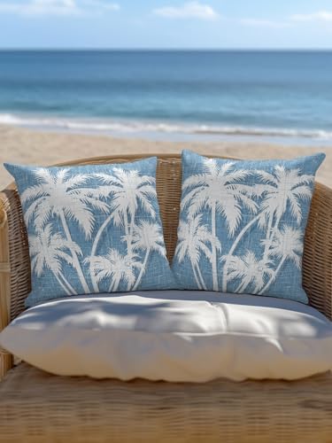 Outdoor Pillows Waterproof Set of 2, Tropical Palm Tree Patio Throw Pillows for Couch Bed Sofa with Insert, Vintage Sky Blue Exotic Botanical Plants Decorative Reading/Camping Pillow Set 18x18 Inch - Image 6