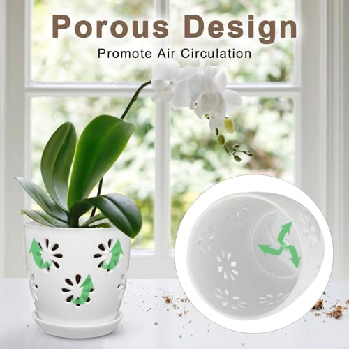Oairse 6 inch Orchid Pots with Holes, White Ceramic Orchid Pot for Repotting Small Indoor Plant Pots with Drainage Holes and Saucers Decorative Flower Planter for Orchids, Indoor Plant - Image 4