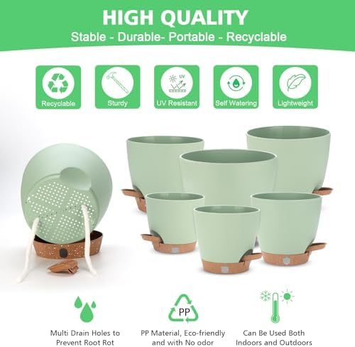 Self Watering Planter Set with Visual Water Level, 6Pack Small Plastic Pot with Drainage Holes and Reservoir Saucers, Modern 8+7+6.5+6+5.5+5 Inch Bottom Watering Flower Pots for Indoor Plant - Green - Image 5