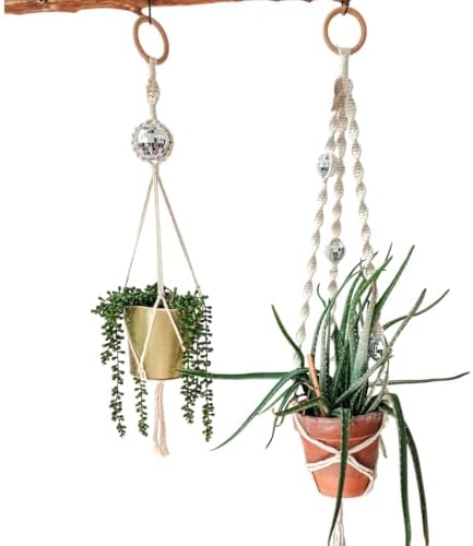 Set of 2 Macrame Plant Hanger Disco ball decor Hanging planters for indoor plants Cool gifts for plant lovers Boho plant pots plant stand indoor Hanging planters for outdoor plants (Vanilla White) by HandmadeByUruba