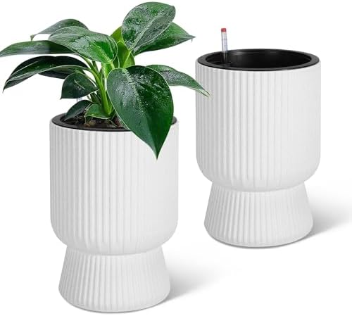 IDEALHOUSE Self Watering Planters Set of 2, 14.2 Inch Tall Outdoor/Indoor Flower Pots with Water Level Indicator, Large Modern Planter with Hidden Reservoir for Patio, Porch, Balcony,White by IDEALHOUSE