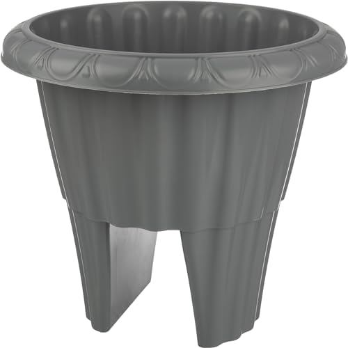Railing Planter - 13.5-Inch Round Flower Box with Drainage Insert - 2.64-Gallon Outdoor Planter Box for Deck, Porch, or Balcony by Pure Garden (Gray) by PureGarden