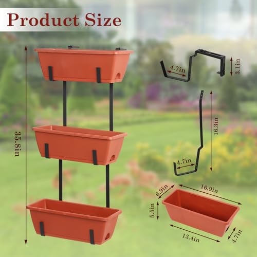 OYEAL Hanging Flower Pots for Railing Fence Outdoor Window Boxes Planter with Adjustable Hooks, Set of 2 Deck Rail Planters with 6 Detachable Plastic Planter Boxes, Drainage Holes, Brick Red - Image 2