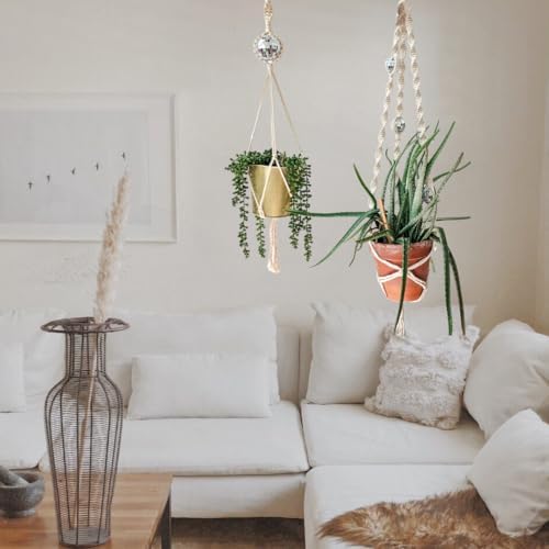 Set of 2 Macrame Plant Hanger Disco ball decor Hanging planters for indoor plants Cool gifts for plant lovers Boho plant pots plant stand indoor Hanging planters for outdoor plants (Vanilla White) - Image 4