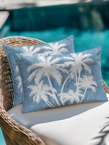 Tropical Palm Tree 12x20 Waterproof Outdoor Lumbar Pillow with Insert, Vintage Sky Blue Exotic Botanical Plants Patio Cushion Pillows for Outdoor Sofa Bench Porch Balcony Furniture, 1 Pack - Image 4