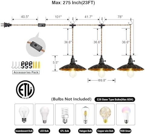 3-Light Plug in Pendant Light Fixtures Chandelier - Image 2