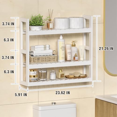 Domax Bathroom Shelves Over Toilet Storage - 3 Tier Wall Mounted Bamboo Bathroom Shelf Organizer Multifunctional Adjustable Layer Free Standing Utility Shelves for Bathroom Living Room Kitchen, White - Image 2