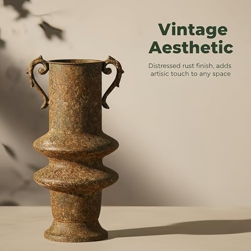 Vintage Distressed Rust Iron Planter, 15 Inch Tall Decorative Flower Pot with Ornate Scroll Handles, Unique Stacked Antique Vase for Indoor Outdoor Farmhouse Patio Entryway Mantel Decor(A3256) - Image 4