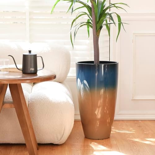 Tall Planters for Outdoor Plants, Heavy-Duty Plastic Lightweight Flower Pots Blue to Khaki Gradient Garden Pots Porch Planters Outdoor Set of 2 Gifts for Plant Lovers - Image 2