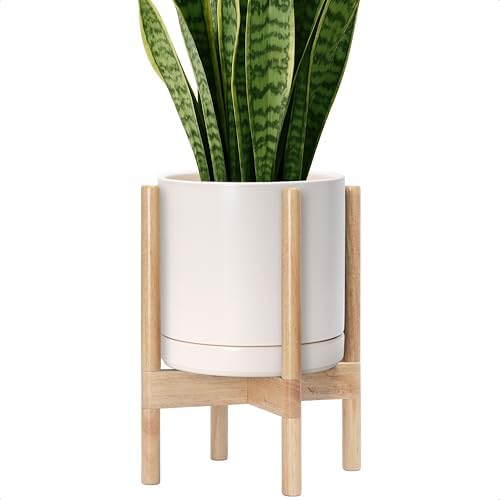 D'vine Dev Ceramic Pot with Natural Wood Stand, Oatmeal, 10 in, 55-B-K-8 by DvineDevPlanterPotsandStand