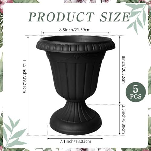 5 Pcs Plastic Urn Planter with Pedestal 10 x 11.5 Inch Black Flower Pots Classic Patio Planters for Bridal Shower Wedding Party Garden Front Porch Indoor Outdoor Home Decor - Image 2