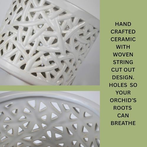 Large Ceramic Orchid Pot with Holes, 6 Inches Wide, for Indoors or Outdoors with Woven String Cut Out Design, Orchid Planters, Orchid Gifts (String Cut Out Design) - Image 4