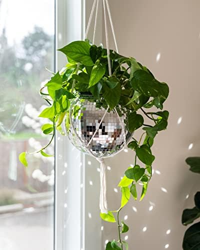 Hanging Disco Ball Planter 8" - with Acrylic Stand and Macrame Plant Hanger - Home Décor, Room Décor, Mirror Disco Planter, Disco Decor (10" with Base) - Image 2