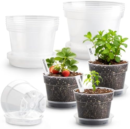 10/8/6 Inch Clear Plant Pots with Drainage Hole 12 Pack, Transparent Sturdy Plastic Nursery Pots with Saucers, Plant Label, Gardening Gloves, Plant Starter Pots for Planting Seed Herb Vegetable Flower by BTPLASTIK