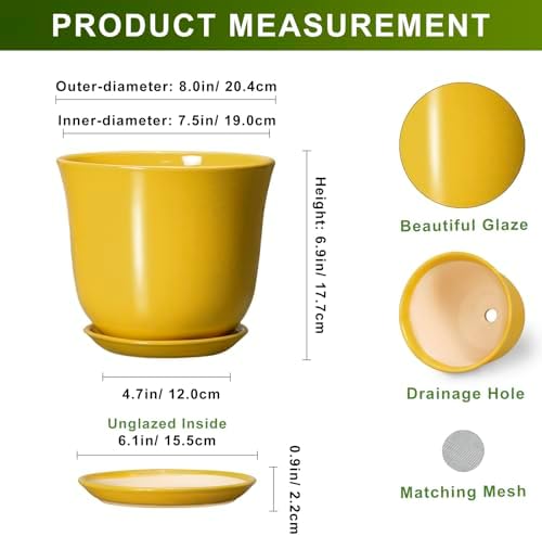 Ceramic Pots for Plants - 8 Inch Plant Pot for Indoor Outdoor, Round Planter with Drainage Hole and Tray, Decorative Flower Pot, Modern Planter, Home Patio Decor, House Warming Gift, Yellow - Image 2