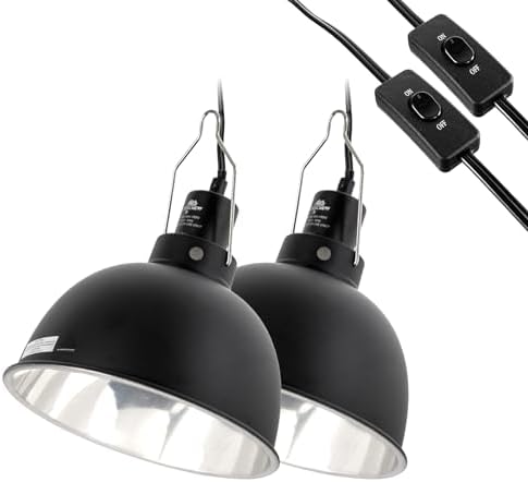 2 Pack Reptile Light Fixture, 8.5in Deep Dome Reptile Lamp Fixture, Optical Reflection Cover, Separate Switch & Hook, Terrarium Light Fixture for Reptile Heat Basking UVB Bulbs, 150W, Black by CAVACHEWReptileSupplies