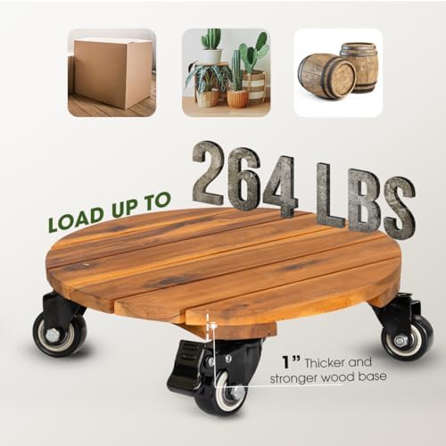 IDZO 2pack 12inches Wood Plant Caddy with Wheels Heavy Duty, 264 Lbs Capacity, Acacia Hardwood Plant Dolly, Plant Stand with 360° Lockable Wheels for Plant Pots, Heavy Objects Hauling - Natural Wood - Image 4